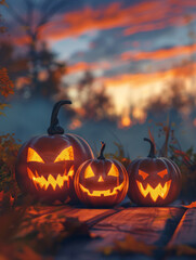 Three Jack-o'-lanterns of varying sizes are sitting on a wooden surface at sunset