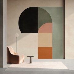 Wall Mural - Modern living room interior with abstract geometric wallpaper.