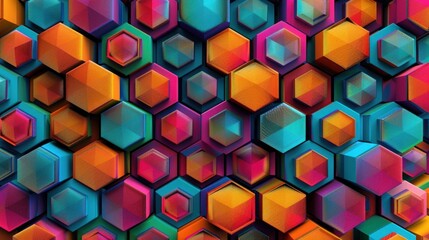 Abstract geometric seamless pattern with intricate hexagons and bright hues, dynamic and vibrant