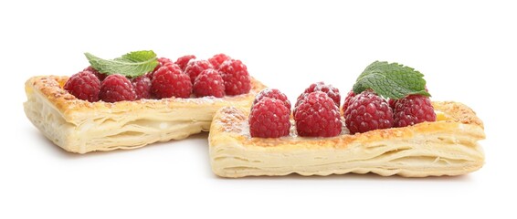 Wall Mural - Tasty puff pastries with raspberries and mint isolated on white