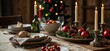 © ChristMasX - Christmas table setting for traditional lunch or dinner on a rustic table with seasonal greeting cards, tableclothes, tableware and festive decorations. Concept of family traditions and celebrations