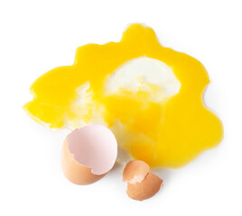 Broken raw egg isolated on white, above view