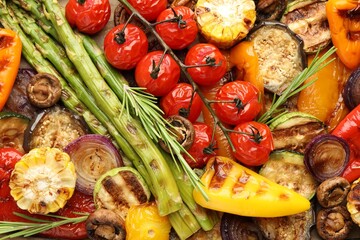 Wall Mural - Delicious grilled vegetables on table, flat lay