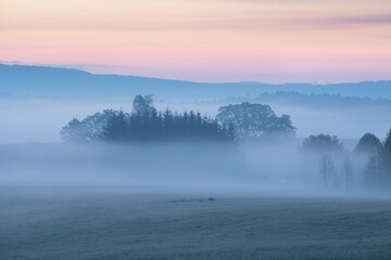 Wall Mural - beautiful nature landscape, amazing view of autumn meadow. sun beams through fogg. magic colours of 