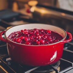 Wall Mural - Red pot of cranberry sauce simmering on a stovetop.