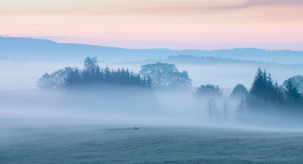Wall Mural - beautiful nature landscape, amazing view of autumn meadow. sun beams through fogg. magic colours of 