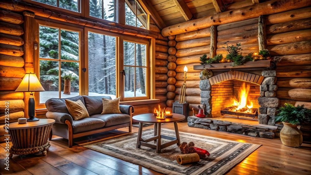 Cozy winter night at a log cabin with wood fireplace , log cabin ...
