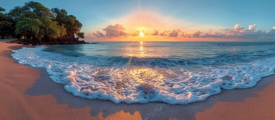 Canvas Print - Sunrise Over Tropical Beach With Foamy Waves