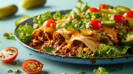 a plate of mexican food with lettuce and tomatoes