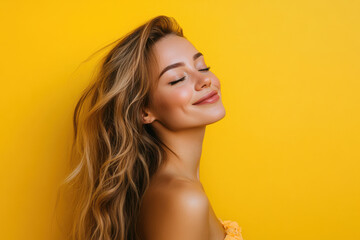 A close up of a woman's face with her eyes closed and long blond hair