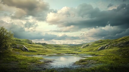 Poster - Serene landscape with a small pond surrounded by lush green hills under a cloudy sky.