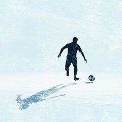 Wall Mural - A lone silhouette of a soccer player kicking the ball on a snowy field, symbolizing determination, passion, sport, winter, and athleticism.