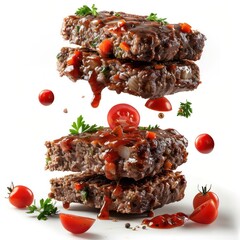 a stack of meat patties with tomatoes and ketchup