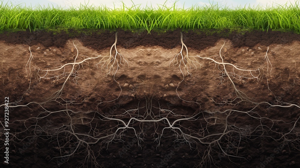 A vector graphic showing a cross-section of soil with grass growing on ...