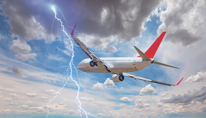 Wall Mural - Airplane in the sky with thunder and lightning