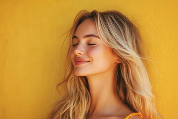 A close up of a woman's face with her eyes closed and long blond hair