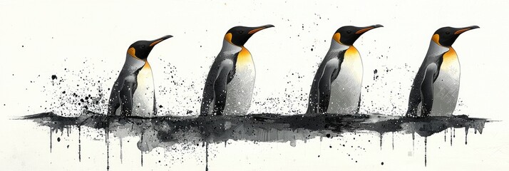 Sticker - Four King Penguins in a Row with Watercolor Splashes