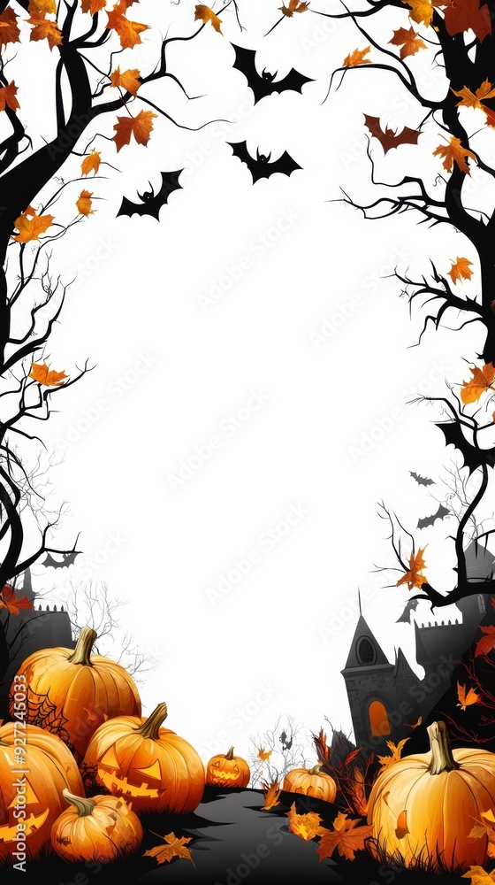 This image is a spooky Halloween frame with a white background ...