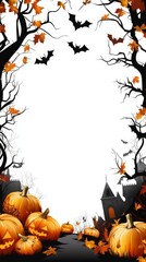 This image is a spooky Halloween frame with a white background, pumpkins, bats, and a haunted house. Perfect for invitations, announcements, or social media.