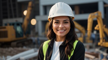 Smiling woman in helmet at work site 