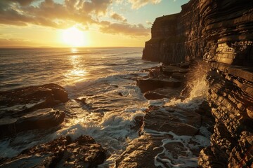 Wall Mural - Sunset Cliffs. Stunning View of Irish Coastline with Cliffs and Ocean Waves