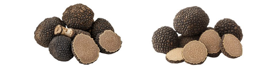 Wall Mural - Set of a Black truffles, whole and sliced, isolated bewitch a clipping path. On transparent background