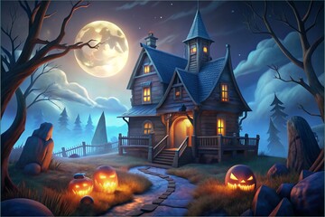 Halloween concept background of realistic horror house and creepy street with moonlight