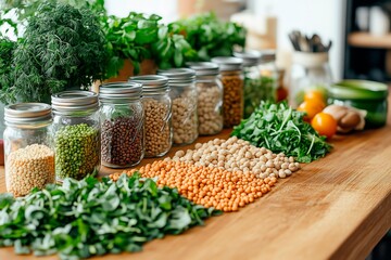 Variety of colorful vegetables and legumes in jars arranged on a wooden table in a bright kitchen setting, space for text, vegan nutrition, vegan recipes