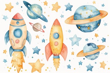 Two watercolor rockets, with orange flames, fly through space, surrounded by planets and stars