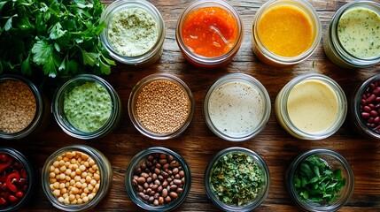 Variety of colorful vegetables and legumes in jars arranged on a wooden table in a bright kitchen setting, space for text, vegan nutrition, vegan recipes