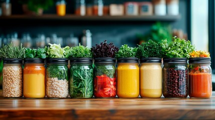 Wall Mural - Variety of colorful vegetables and legumes in jars arranged on a wooden table in a bright kitchen setting, space for text, vegan nutrition, vegan recipes