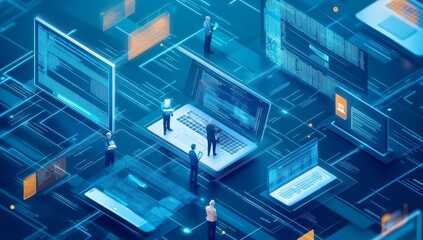Isometric view of digital marketing and web development with figures working on laptops and holographic data screens.
