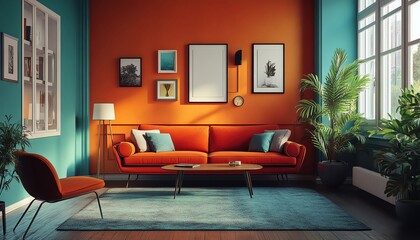 A 3D rendered image of a chic living room with midcentury modern furniture, bold colors, and a mix of textures, perfect for interior design themes, space for text, high detailed