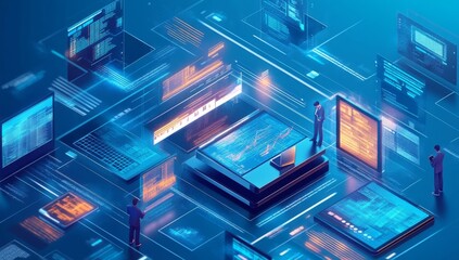 Isometric view of digital marketing and web development with figures working on laptops and holographic data screens.