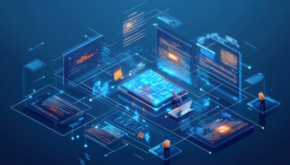 Isometric view of digital marketing and web development with figures working on laptops and holographic data screens.