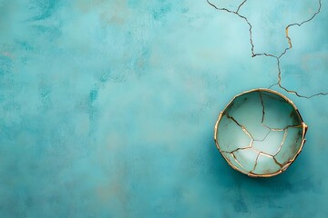 cracked blue ceramic bowl with gold cracks on it in kintsugi style