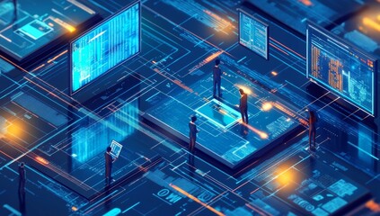 Isometric view of digital marketing and web development with figures working on laptops and holographic data screens.
