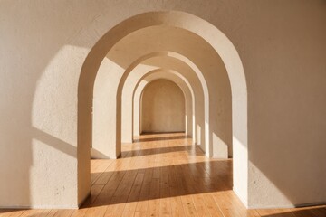 Wall Mural - Soft rays escape through arched door frames gently illuminating wood 