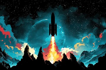 Wall Mural - rocket launch into space with planet in background