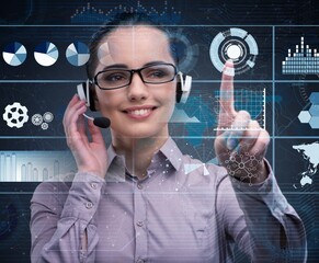 Poster - Businesswoman with headset pressing virtual buttons