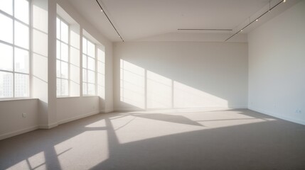 Wall Mural - Spacious minimalist room filled with sunlight, casting soft shadows inside 