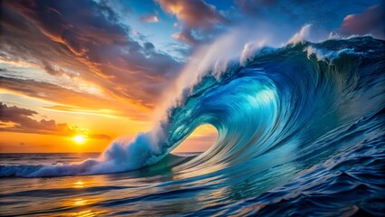 colourful big blue wave open sea during sunset, ocean, water, waves, colorful, blue, nature, sunset,
