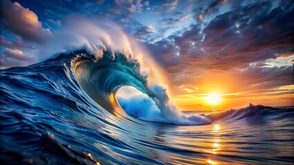 colourful big blue wave open sea during sunset, ocean, water, waves, colorful, blue, nature, sunset,