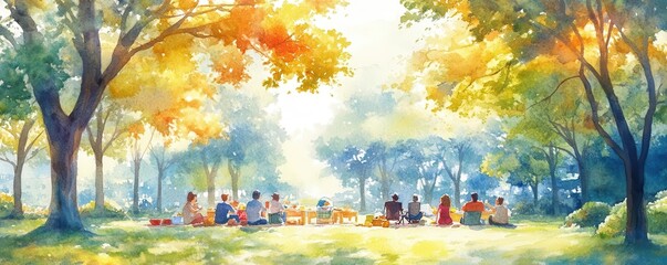 Watercolor painting of people enjoying a sunny day in the park.