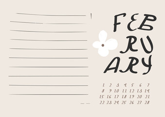 Monthly calendar in naive art. Calendar design for the month of February. Simple monthly cute calendar planner minimal style. I have all the other months in my portfolio. Empty space for notes.