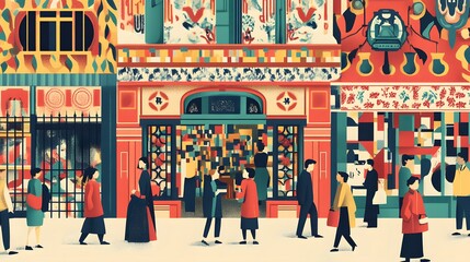 Spanish Heritage Month: Artistic Flat Design Illustration, Bustling Street Scene, Modernism, Colorful Mosaics, Wrought-Iron Accents, Lively Market Spirit