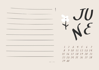 Monthly calendar in naive art. Calendar design for the month of June. Simple monthly cute calendar planner minimal style. I have all the other months in my portfolio. Empty space for notes.