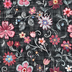 Wall Mural - Seamless pattern of embroidered flowers with pink petals, blue centers, and white outlines on a dark grey woven fabric background.