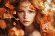 © Minerva Studio - Beautiful redhead woman posing with autumn leaves in hair