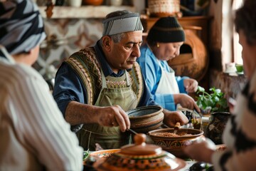 Wall Mural - Middle Aged Friends Attend Moroccan Cooking Class Learning Traditional Dishes for Culinary Experience